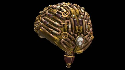 Steampunk Human Brain 3d model. 4K animation. Includes ALPHA MATTE. Ideal for Science fiction movies, TV shows, intro, news, commercials, retro, fantasy and steampunk related projects etc.