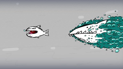 Big fish eat small fish. Funny cartoon animations. From egg to skeleton. From birth to death.