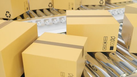 Cardboard boxes progresses along conveyor belt loopable animation. Cardboard boxes on conveyor belt