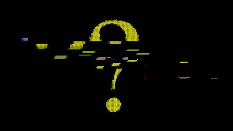 The question mark symbol created with yellow ASCII characters. Heavy digital glitch distortion fx applied.
