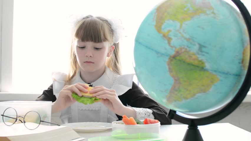 Little girl with pigtails sitting at table with textbooks and eating sandwich with salad for lunch.