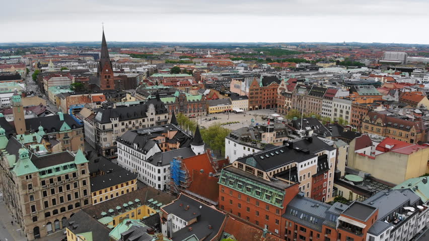 Aerial view of cityscape of Malmo, capital city of Scania, historic center of city, brightly coloured houses, Stortorget Square - landscape of Sweden from above, Scandinavia, Europe