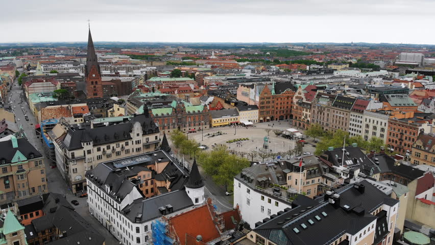 Aerial view of cityscape of Malmo, capital city of Scania, historic center of city, brightly coloured houses, Stortorget Square - landscape of Sweden from above, Scandinavia, Europe