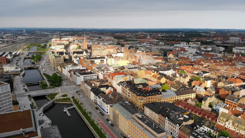 Aerial view of cityscape of Malmo, capital city of Scania, historic center of city, brightly coloured houses - landscape of Sweden from above, Scandinavia, Europe