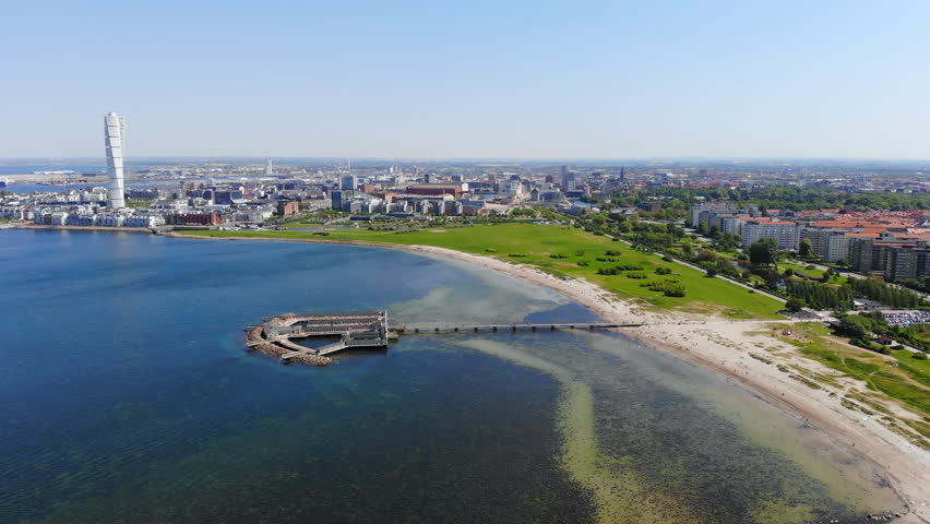 Aerial view of cityscape of Malmo, capital city of Scania, skyline of modern downtown, seascape of Baltic Sea and Ribersborg Beach area - landscape of Sweden from above, Scandinavia, Europe