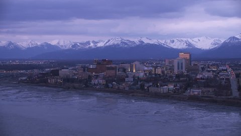 Anchorage, Alaska circa-2018. Aerial view of Anchorage, Alaska at dusk. 