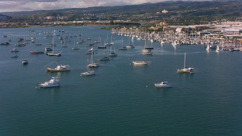 Oahu, Hawaii circa-2018. Aerial view of boats in Honolulu harbor.  Stock Video