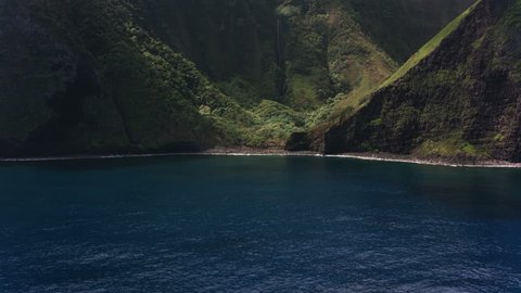 Molokai, Hawaii circa-2018. Aerial view of Pu'uka'oku Falls on Molokai. Shot with Cineflex and RED Epic-W Helium.