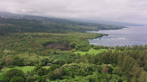 Maui, Hawaii circa-2018. Aerial view Kahanu Garden & Pi'ilanihale Heiau ancient ruins. Shot with Cineflex and RED Epic-W Helium.