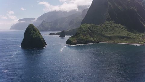 Molokai, Hawaii circa-2018. Aerial view of rocks on Molokai coast. Shot with Cineflex and RED Epic-W Helium.