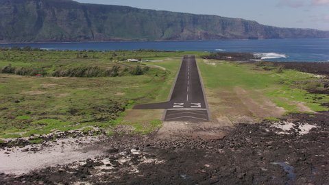 Molokai, Hawaii circa-2018. Landing at Kalaupapa Airport on Molokai coast. Shot with Cineflex and RED Epic-W Helium.