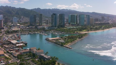 Honolulu, Oahu, Hawaii circa-2018. Flying off the coast of Honolulu. Shot with Cineflex and RED Epic-W Helium.
