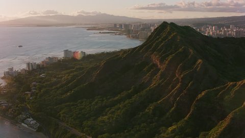 Honolulu, Oahu, Hawaii circa-2018. Aerial view of Diamond Head and Waikiki. Shot with Cineflex and RED Epic-W Helium.