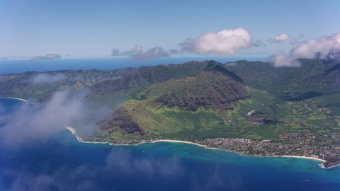 Oahu, Hawaii circa-2018. Aerial view of Makaha Valley area. Shot with Cineflex and RED Epic-W Helium.