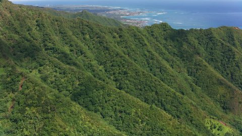 Oahu, Hawaii circa-2018. Aerial view of coastline from forest cliffs. Shot with Cineflex and RED Epic-W Helium. 스톡 비디오