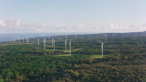 Oahu, Hawaii circa-2018. Aerial view of Waimea Valley wind farm on the North Shore of Oahu. Shot with Cineflex and RED Epic-W Helium.