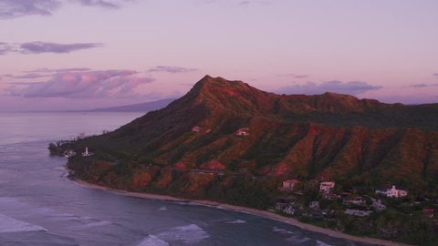 Honolulu, Oahu, Hawaii circa-2018. Beautiful sunset over Diamond Head Crater. Shot with Cineflex and RED Epic-W Helium.