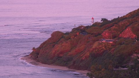 Honolulu, Oahu, Hawaii circa-2018. Aerial view of Diamond Head Lighthouse at sunset. Shot with Cineflex and RED Epic-W Helium.
