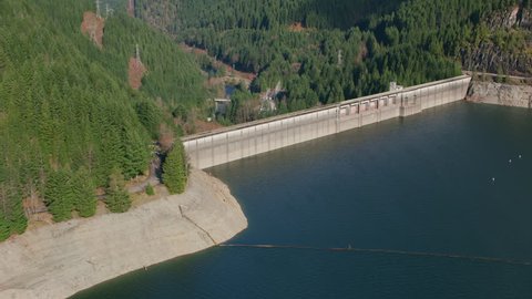 Oregon circa-2018. Aerial view of dam on Santiam River. Shot from helicopter with Cineflex gimbal and RED Epic-W camera.