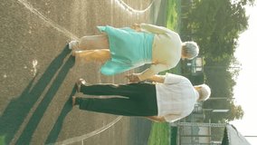 Senior couple taking a walk along the running track in summer. Healthy retirees enjoying morning walking on the stadium with camera lens flare. Vertical format video.