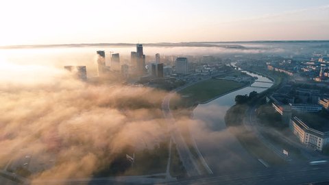 Aerial Timelapse of Skyscrapers in Morning Fog, Vilnius, Lithuania
