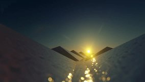 Abstract video. Glossy pyramids move around in the sunset. Against the background of the sun. The rays are reflected by glare on the surface. 3d rendering.