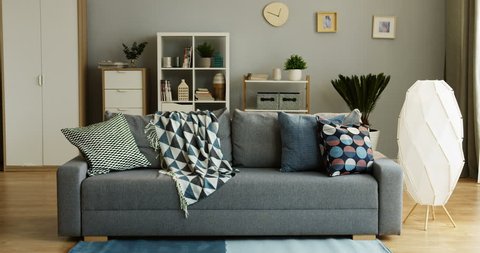 Interior of the cozy modern living room: gray sofa with pillows and a plaid and shelves with home stuff. Indoor  Covid-19, epidemic, illness, italian, pandemic, coronavirus, Quarantine 