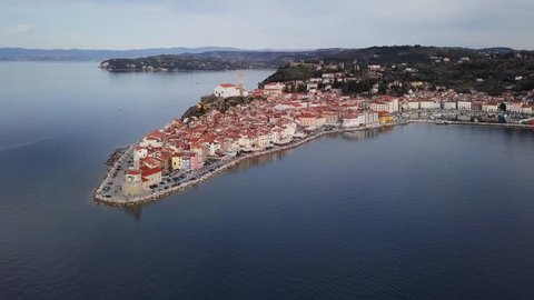 Aerial panorama of marina and old town Piran, Slovenia.