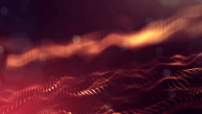 Particles form line, surface grid or mysterious virtual space. 3d seamless animation as digital science fiction background of glowing particles with depth of field, bokeh. Red gold strings 