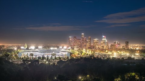 Timelapse Of Dodger Stadium And Downtown Los Angeles Skyline At Night
