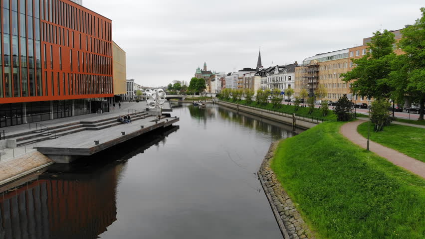 Aerial view of cityscape of Malmo, capital city of Scania, city canals, mixture of historic and modern architecture - landscape of Sweden from above, Scandinavia, Europe, 4k UHD