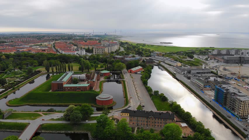 Aerial view of cityscape of Malmo, capital city of Scania, city canals, mixture of historic and modern architecture, Malmö Castle - landscape of Sweden from above, Scandinavia, Europe