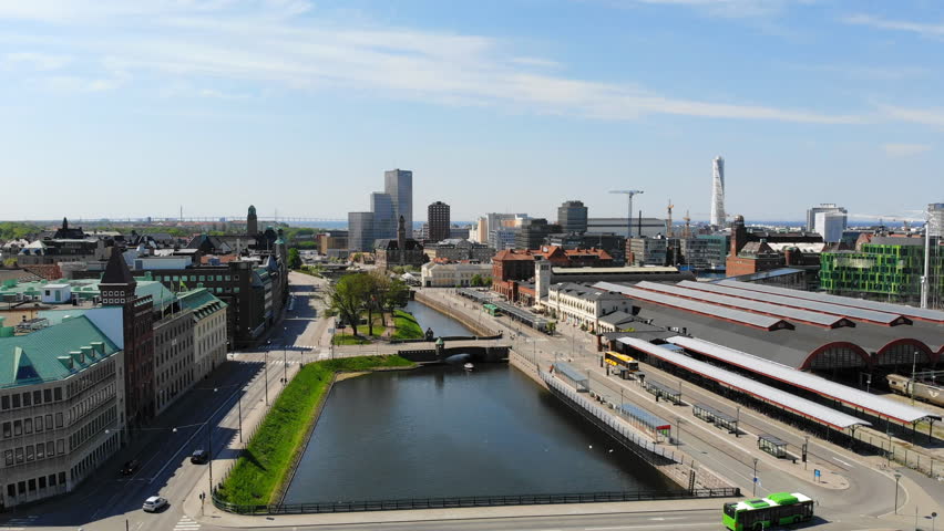 Aerial view of cityscape of Malmo, capital city of Scania, skyline of modern downtown, city canals - landscape of Sweden from above, Scandinavia, Europe, 4k UHD