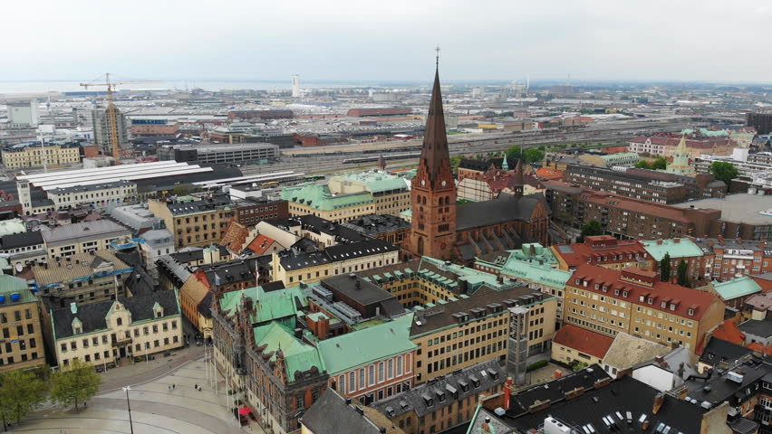 Aerial view of cityscape of Malmo, capital city of Scania, historic center of city, St. Peter
