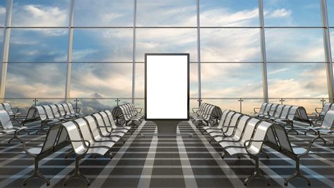 Airport departure lounge. Blank billboard stand mockup and airplane on background. 