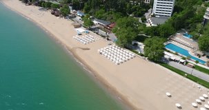 4k aerial video of the beach in Golden Sands, Zlatni Piasaci. Popular summer resort near Varna, Bulgaria