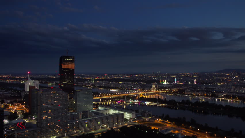 Overlooking vienna city at night pan over the center Royalty-Free Stock Footage #1011721796