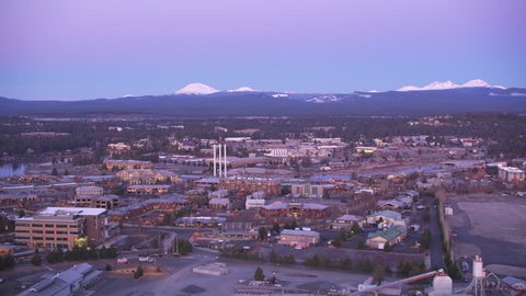 Oregon circa-2018. Aerial view of Bend, Oregon at dawn. Shot from helicopter with Cineflex gimbal and RED Epic-W camera.