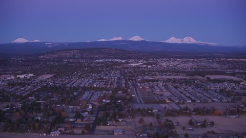 Oregon circa-2018. Aerial view of Bend, Oregon at dawn. Shot from helicopter with Cineflex gimbal and RED Epic-W camera.