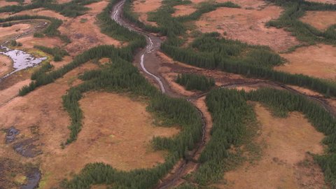 Anchorage, Alaska circa-2018. Aerial view of streams, grasslands and trees near Anchorage, Alaska. Shot from helicopter with Cineflex gimbal and RED Epic-W camera.
