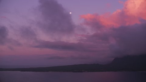 Molokai, Hawaii circa-2018. Beautiful sunset over Molokai coast. Shot with Cineflex and RED Epic-W Helium.