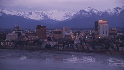 Anchorage, Alaska circa-2018. Aerial view of Anchorage, Alaska at dusk. Shot from helicopter with Cineflex gimbal and RED Epic-W camera.