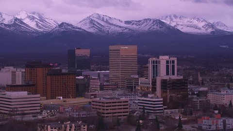Anchorage, Alaska circa-2018. Aerial view of Anchorage, Alaska at sunset. Shot from helicopter with Cineflex gimbal and RED Epic-W camera.