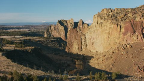 Oregon circa-2018. Aerial view of Smith Rock State Park. Shot from helicopter with Cineflex gimbal and RED Epic-W camera.