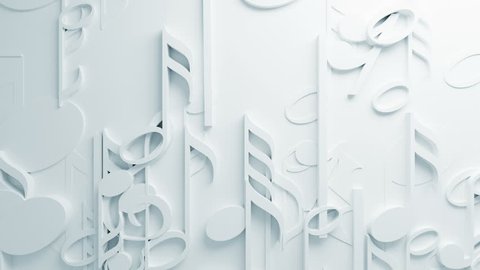 Beautiful White Music Notes on Surface Moving in Seamless 3d Animation. Abstract Motion Design Background. Computer Generated Process. 4k UHD 3840x2160.
