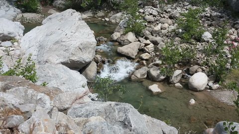 A footage of a waterfall and the mountain lake