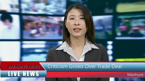 Chinese Asian American news anchorwoman in studio with lower thirds
