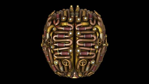 3D Steampunk brain model animation in 4K top view. Ideal for Science fiction movies, TV shows, intro, news, commercials, retro, fantasy, steampunk related projects etc. Includes ALPHA MATTE.