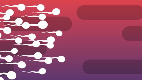 A funny 3d rendering of moving white spermatozoids with waving tails covering the light violet and purple background with oval black tubes. All of them look lively