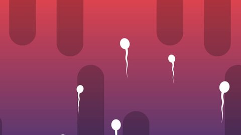 A cheery 3d rendering of moving vertically white spermatozoids with waving tails covering the light violet and purple background with oval black tubes. All of them look enthusiastic.